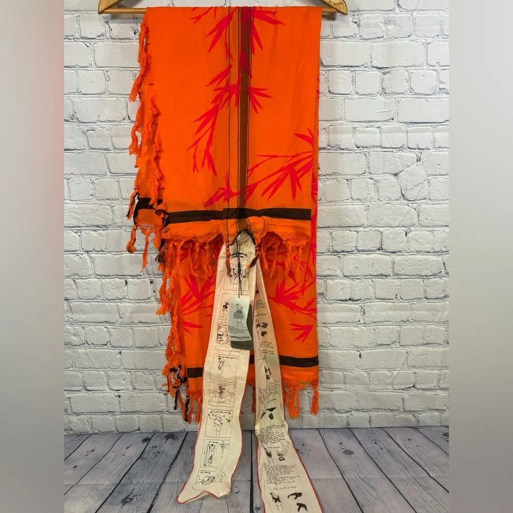 NWT Leigh & Luca Orange Pink Flocked Fine Cotton Hand Printed Tasseled Scarf